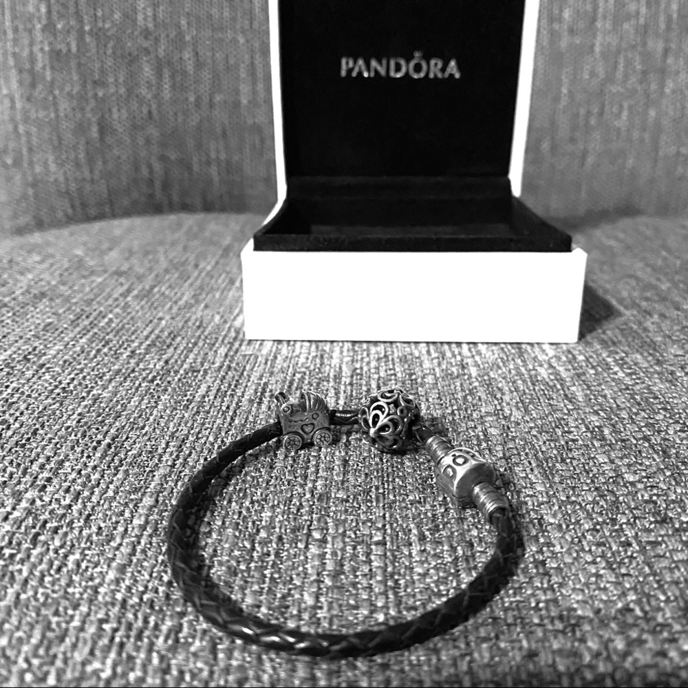 Original leather Pandora bracelet and two charms